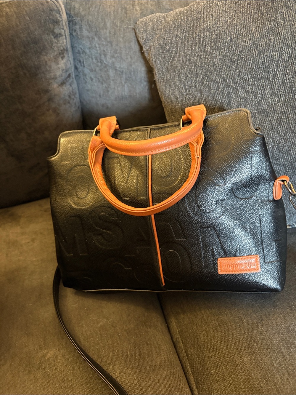 Black Satchel with Orange Trim - Designer Embossed Style